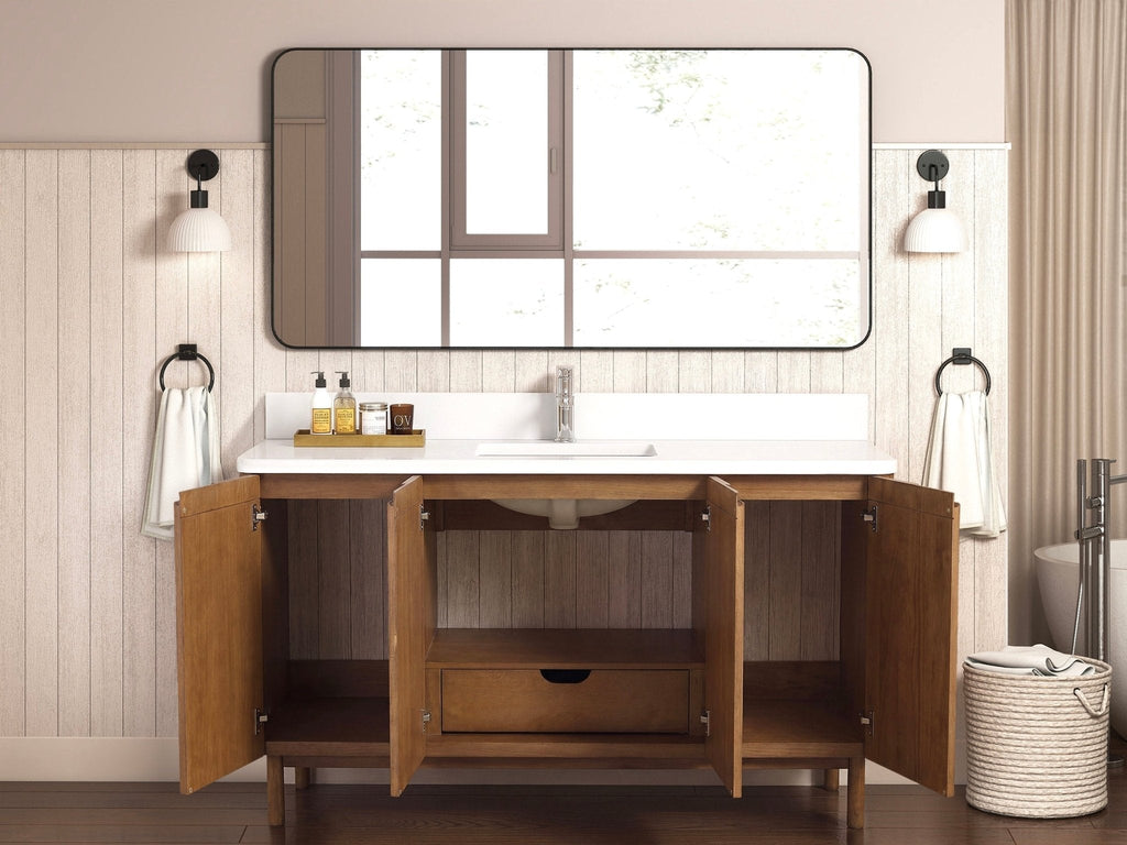 60 Inch Fume Double Sink Mango Warm Oak Brown Finish Bathroom Vanity With White Top