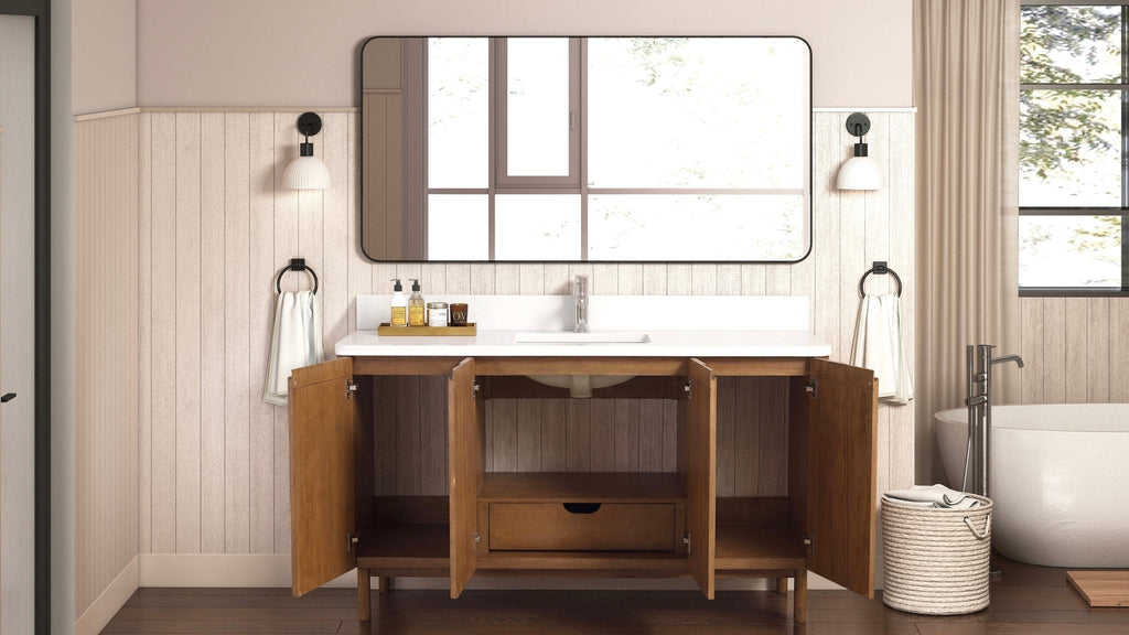 60 Inch Fume Single Sink Mango Warm Oak Brown Finish Bathroom Vanity With White Top