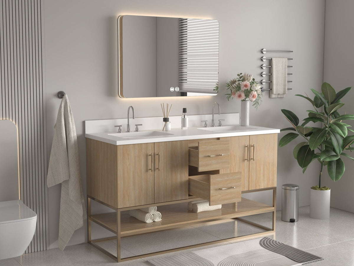 60 Inch Light Oak Lima Double Sink Bathroom Vanity With Open Shelf & Gold Leg Base