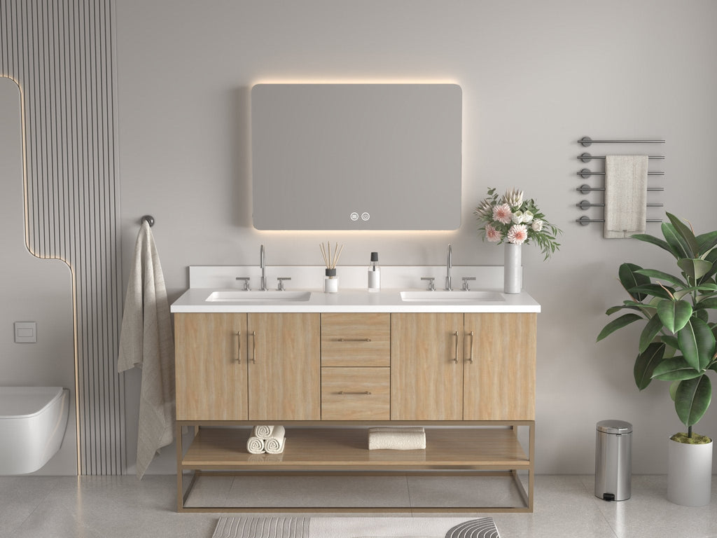 60 Inch Light Oak Lima Double Sink Bathroom Vanity With Open Shelf & Gold Leg Base