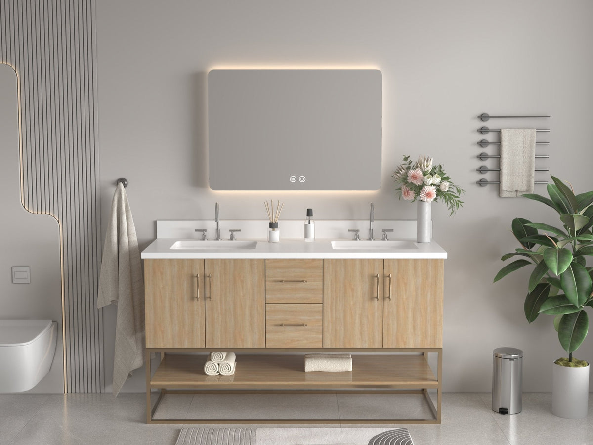 60 Inch Light Oak Lima Double Sink Bathroom Vanity With Open Shelf & Gold Leg Base