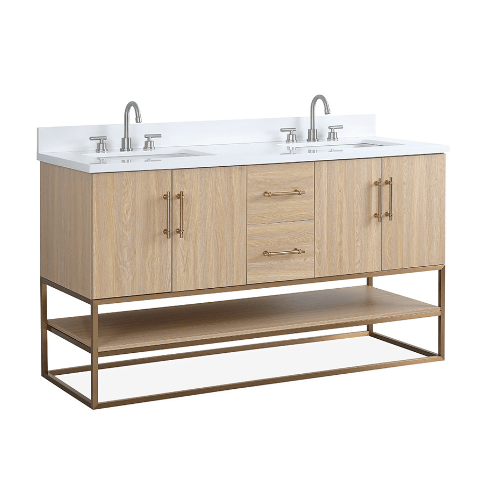 60 Inch Light Oak Lima Double Sink Bathroom Vanity With Open Shelf & Gold Leg Base