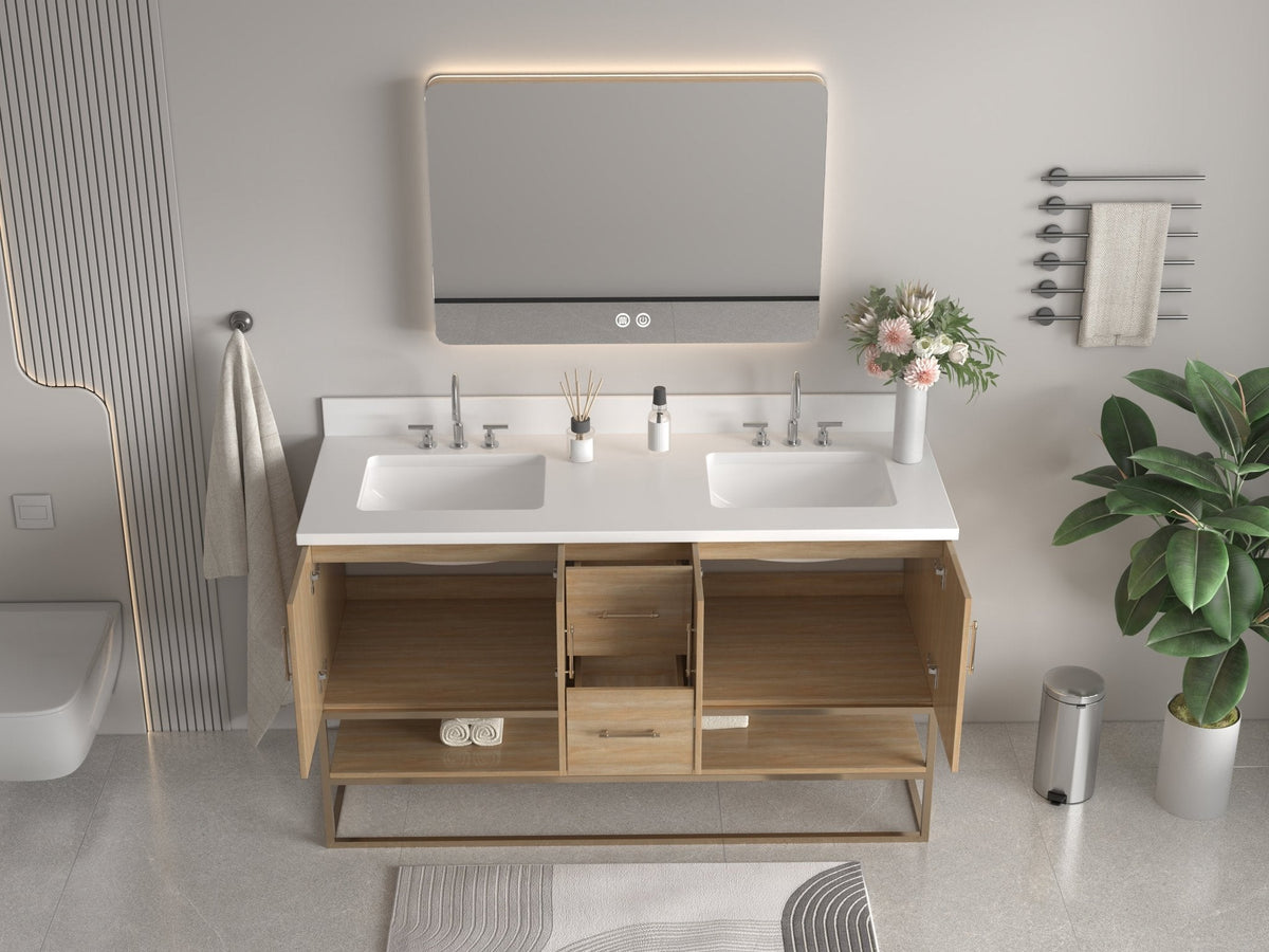 60 Inch Light Oak Lima Double Sink Bathroom Vanity With Open Shelf & Gold Leg Base