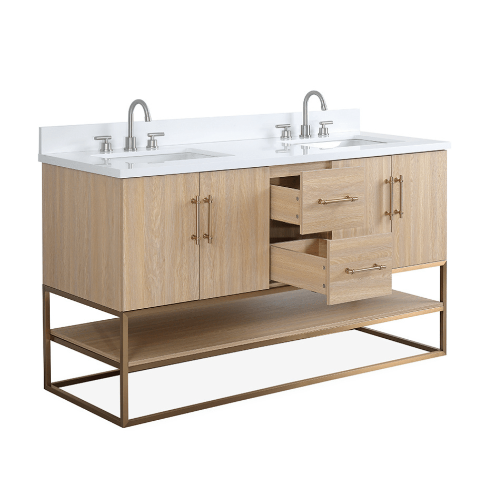 60 Inch Light Oak Lima Double Sink Bathroom Vanity With Open Shelf & Gold Leg Base
