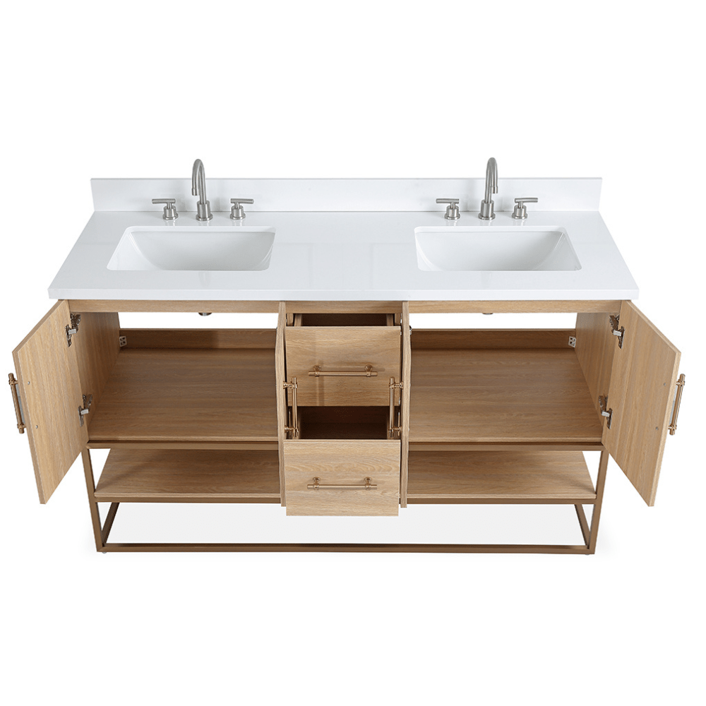 60 Inch Light Oak Lima Double Sink Bathroom Vanity With Open Shelf & Gold Leg Base
