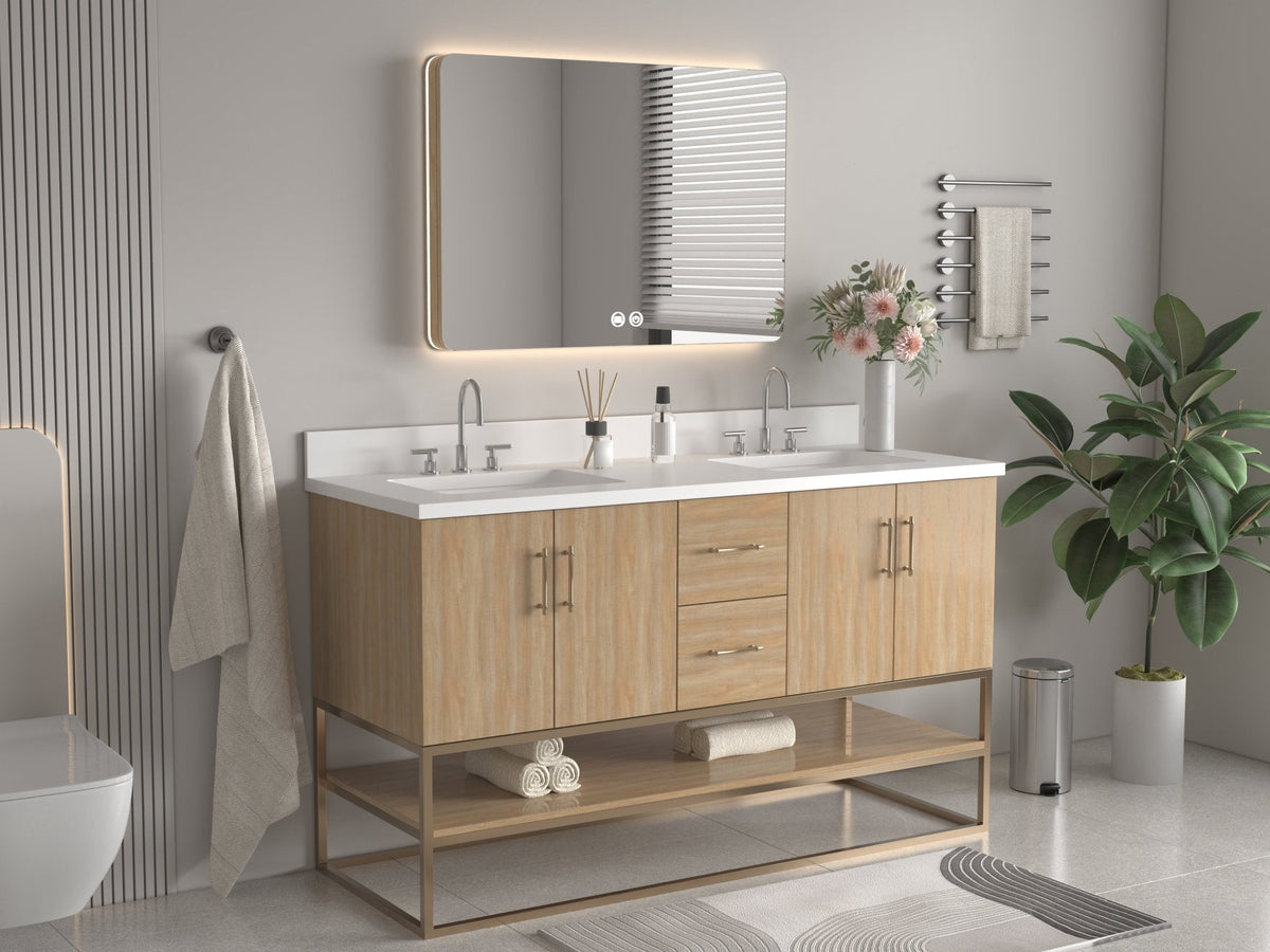 60 Inch Light Oak Lima Double Sink Bathroom Vanity With Open Shelf & Gold Leg Base
