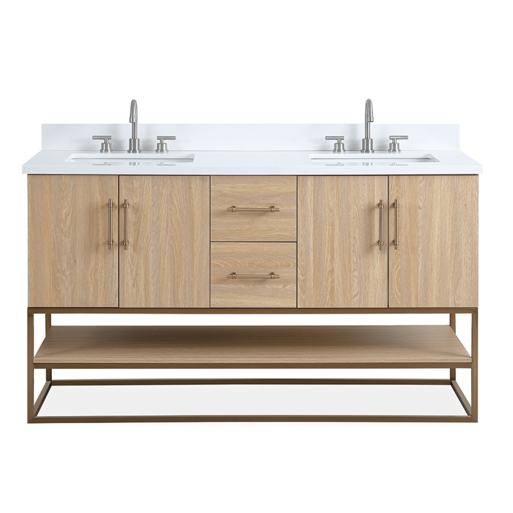 60 Inch Light Oak Lima Double Sink Bathroom Vanity With Open Shelf & Gold Leg Base