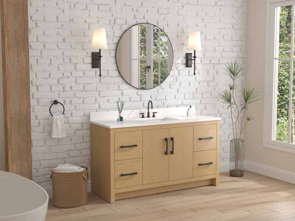 60 Inch Light Oak Sandi Single Sink Bathroom Vanity Toe Kick Style With White Quartz Top