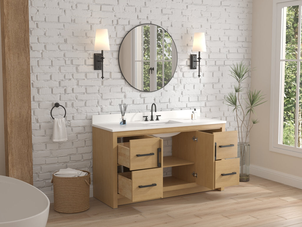 60 Inch Light Oak Sandi Single Sink Bathroom Vanity Toe Kick Style With White Quartz Top