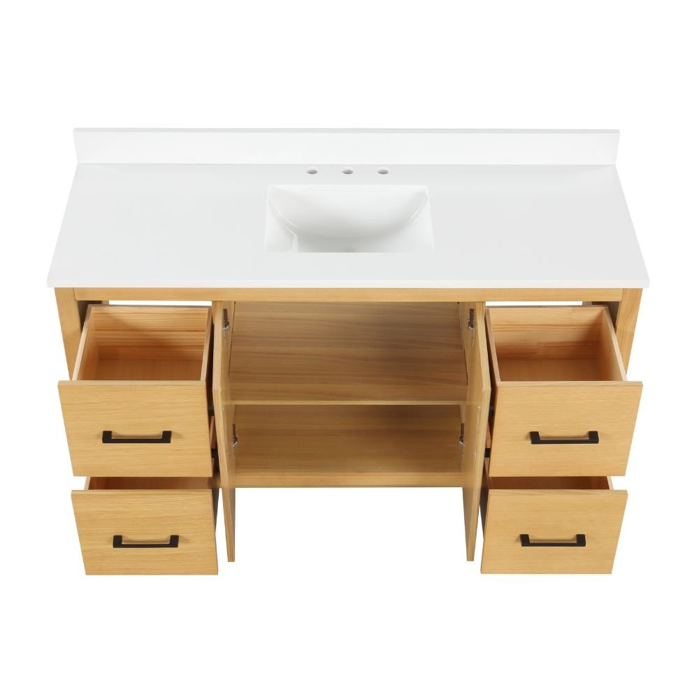 60 Inch Light Oak Sandi Single Sink Bathroom Vanity Toe Kick Style With White Quartz Top