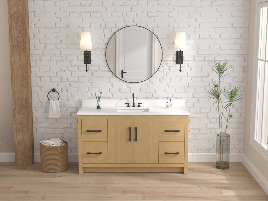 60 Inch Light Oak Sandi Single Sink Bathroom Vanity Toe Kick Style With White Quartz Top