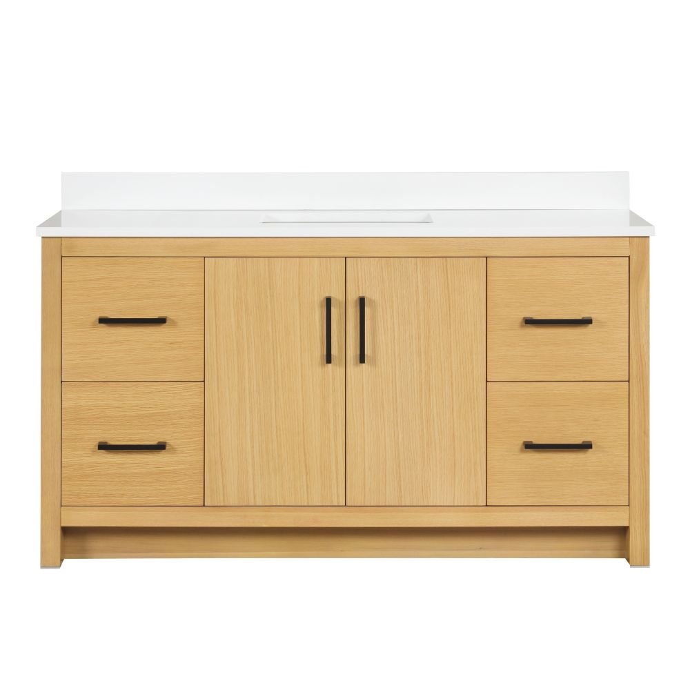 60 Inch Light Oak Sandi Single Sink Bathroom Vanity Toe Kick Style With White Quartz Top