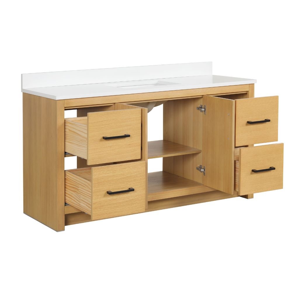 60 Inch Light Oak Sandi Single Sink Bathroom Vanity Toe Kick Style With White Quartz Top