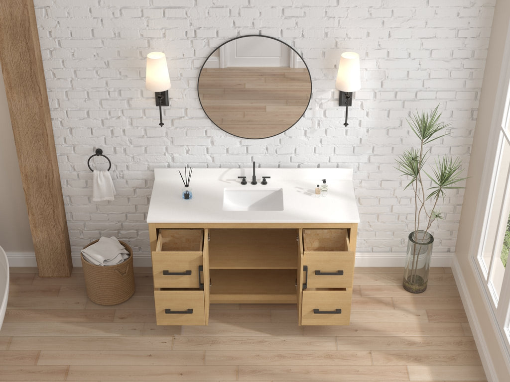 60 Inch Light Oak Sandi Single Sink Bathroom Vanity Toe Kick Style With White Quartz Top
