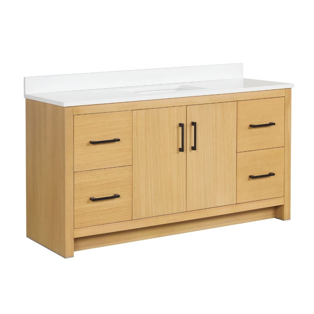 60 Inch Light Oak Sandi Single Sink Bathroom Vanity Toe Kick Style With White Quartz Top