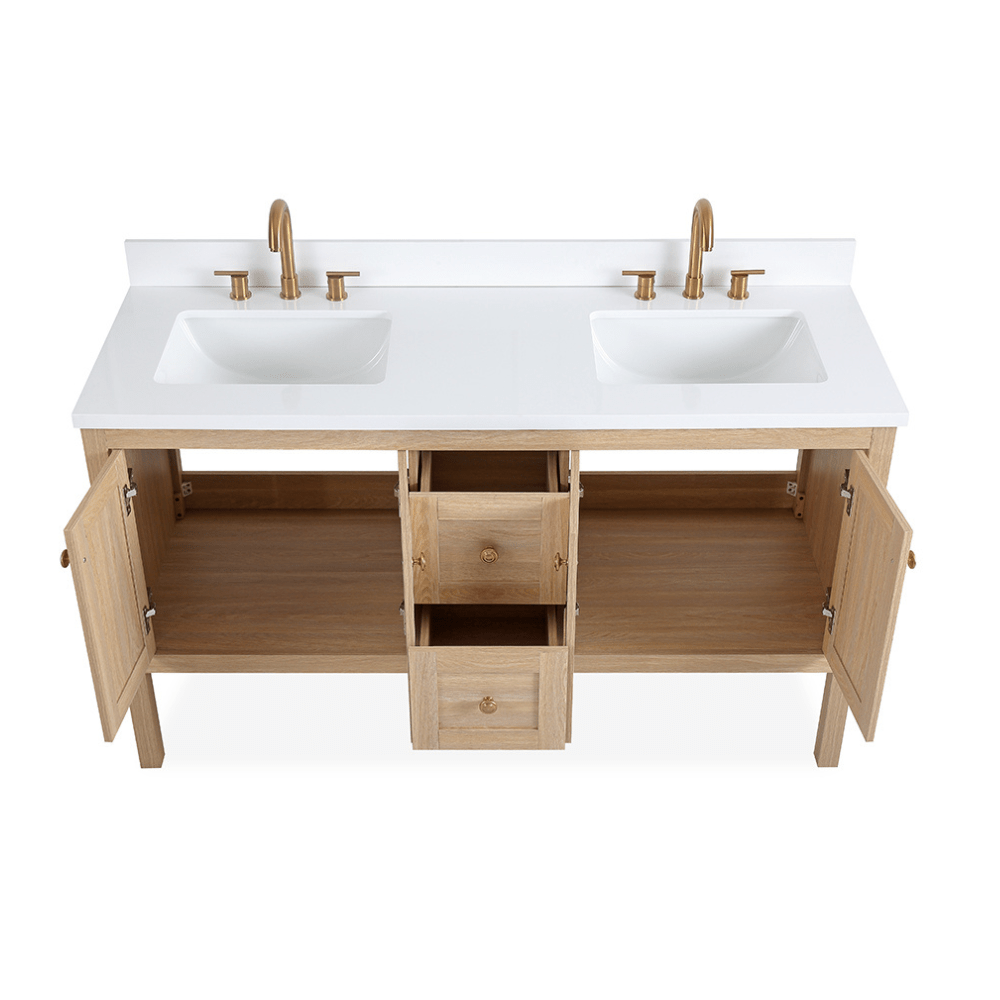 60 Inch Modern Light Oak Sera Double Sink Bathroom Vanity With White Quartz Top