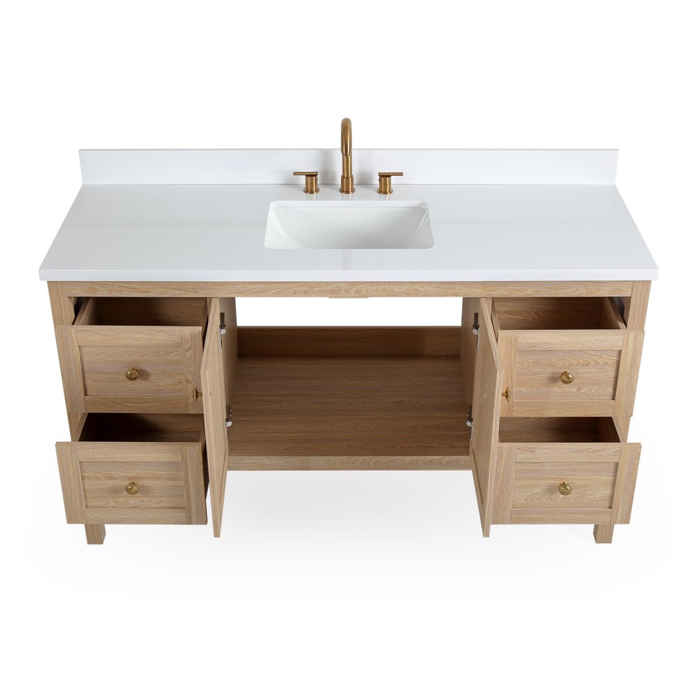 60 Inch Modern Light Oak Sera Single Sink Bathroom Vanity With White Quartz Top