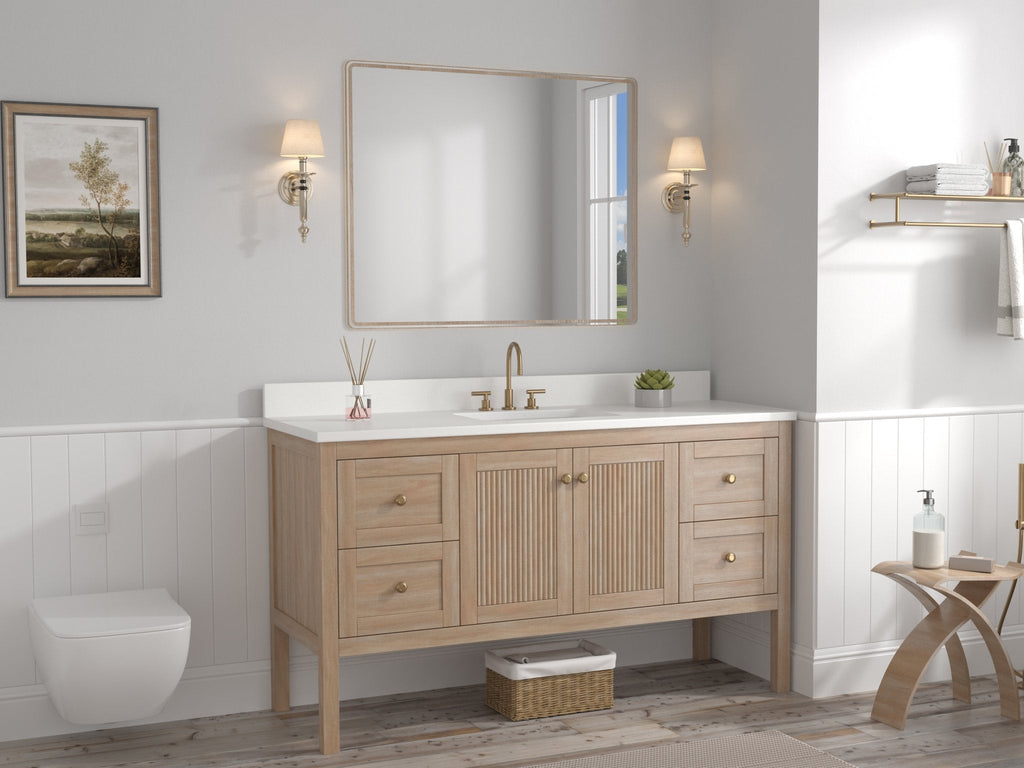 60 Inch Modern Light Oak Sera Single Sink Bathroom Vanity With White Quartz Top