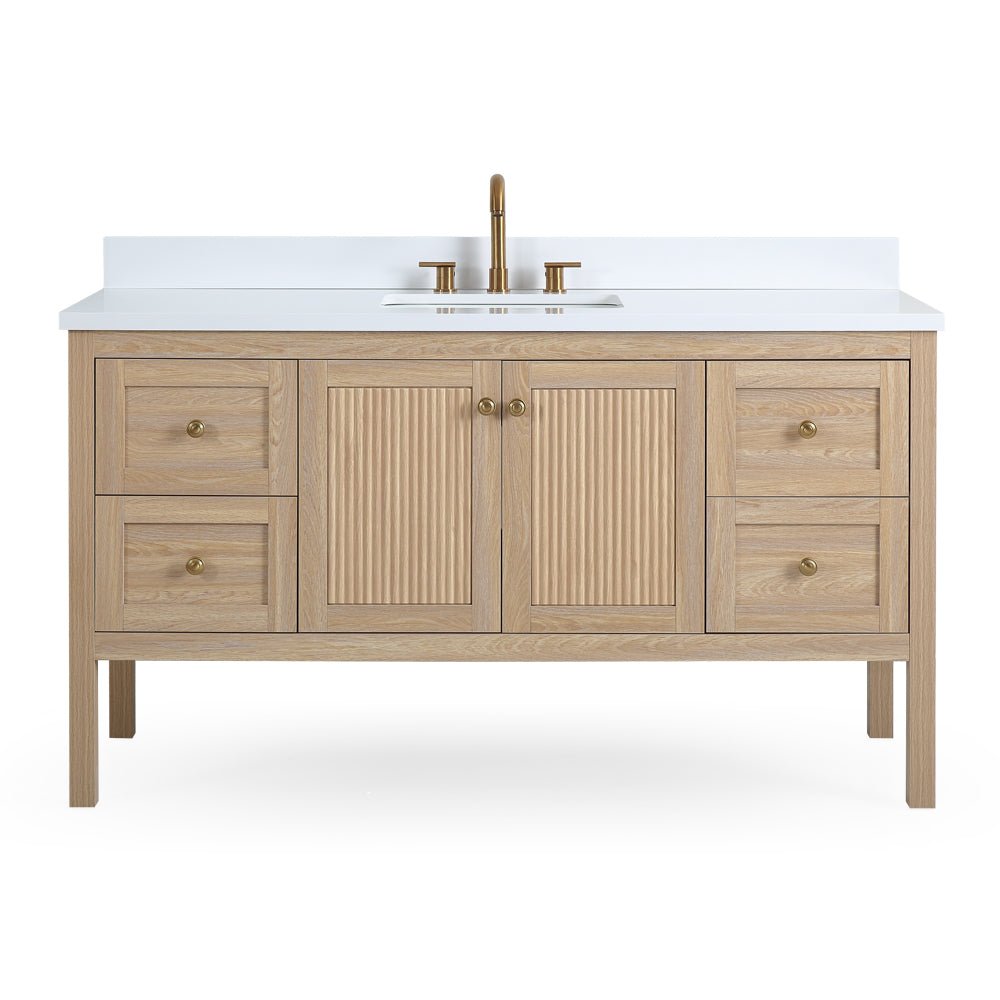 60 Inch Modern Light Oak Sera Single Sink Bathroom Vanity With White Quartz Top