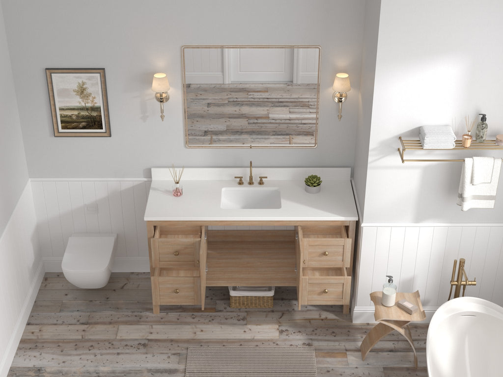 60 Inch Modern Light Oak Sera Single Sink Bathroom Vanity With White Quartz Top