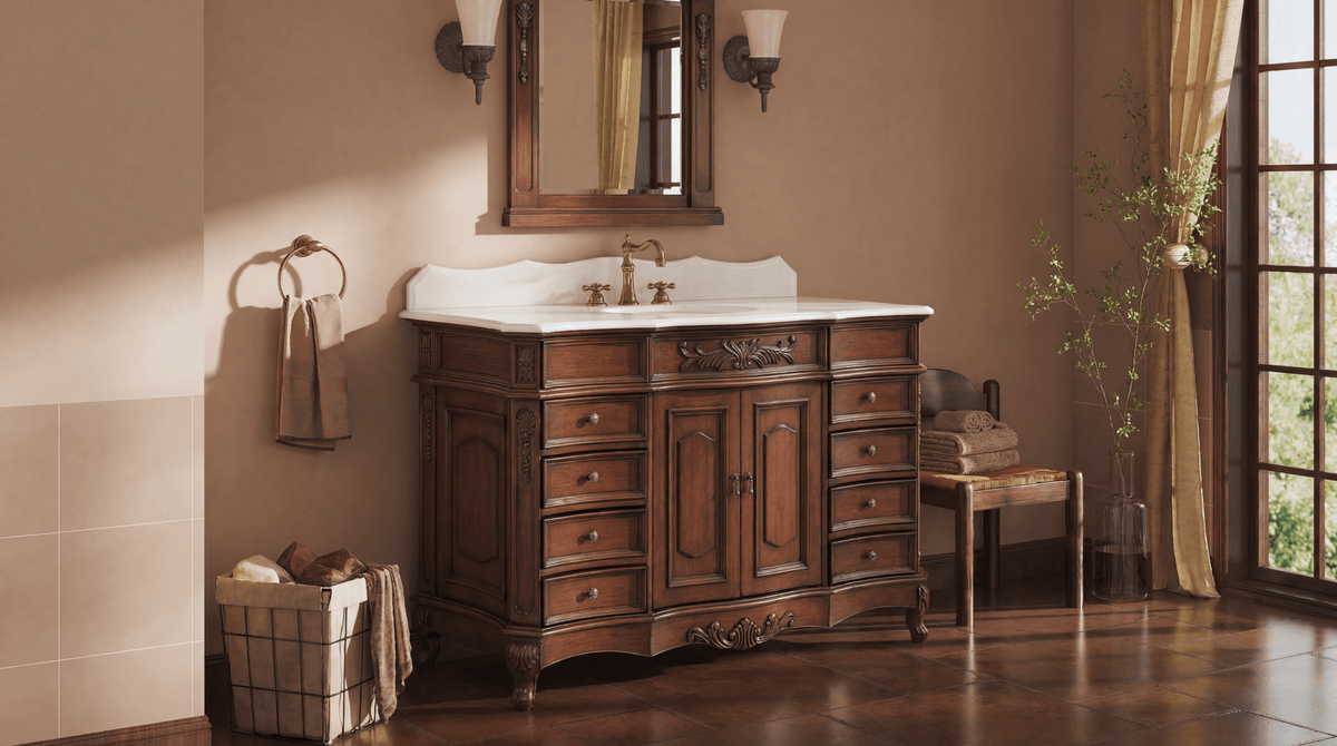 60 Inch Traditional Single Sink Bathroom Vanity Antique Brown with White Quartz Top