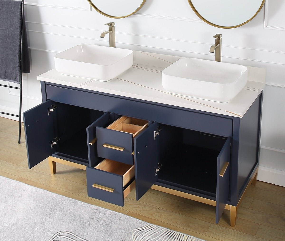 60" Tennant Brand Vessel sink Navy Blue Beatrice Double Sink Vanity