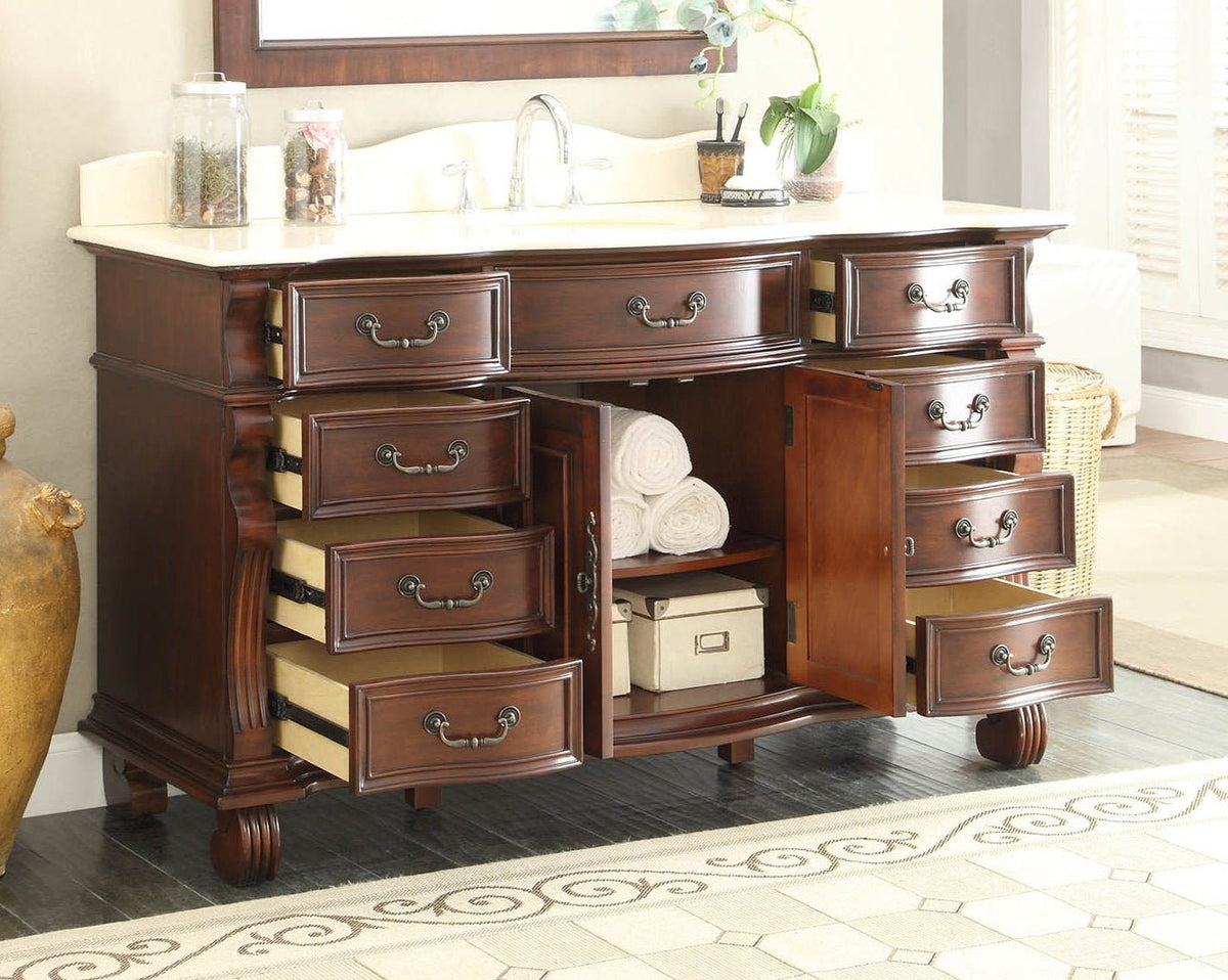 60 inch Antique Style Cherry Wood Hopkinton Bathroom Sink Vanity Creama Mafil Stone Top
