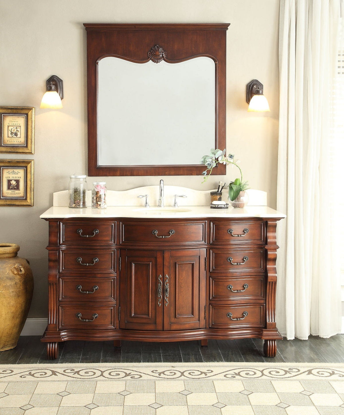 60 inch Antique Style Cherry Wood Hopkinton Bathroom Sink Vanity Creama Mafil Stone Top