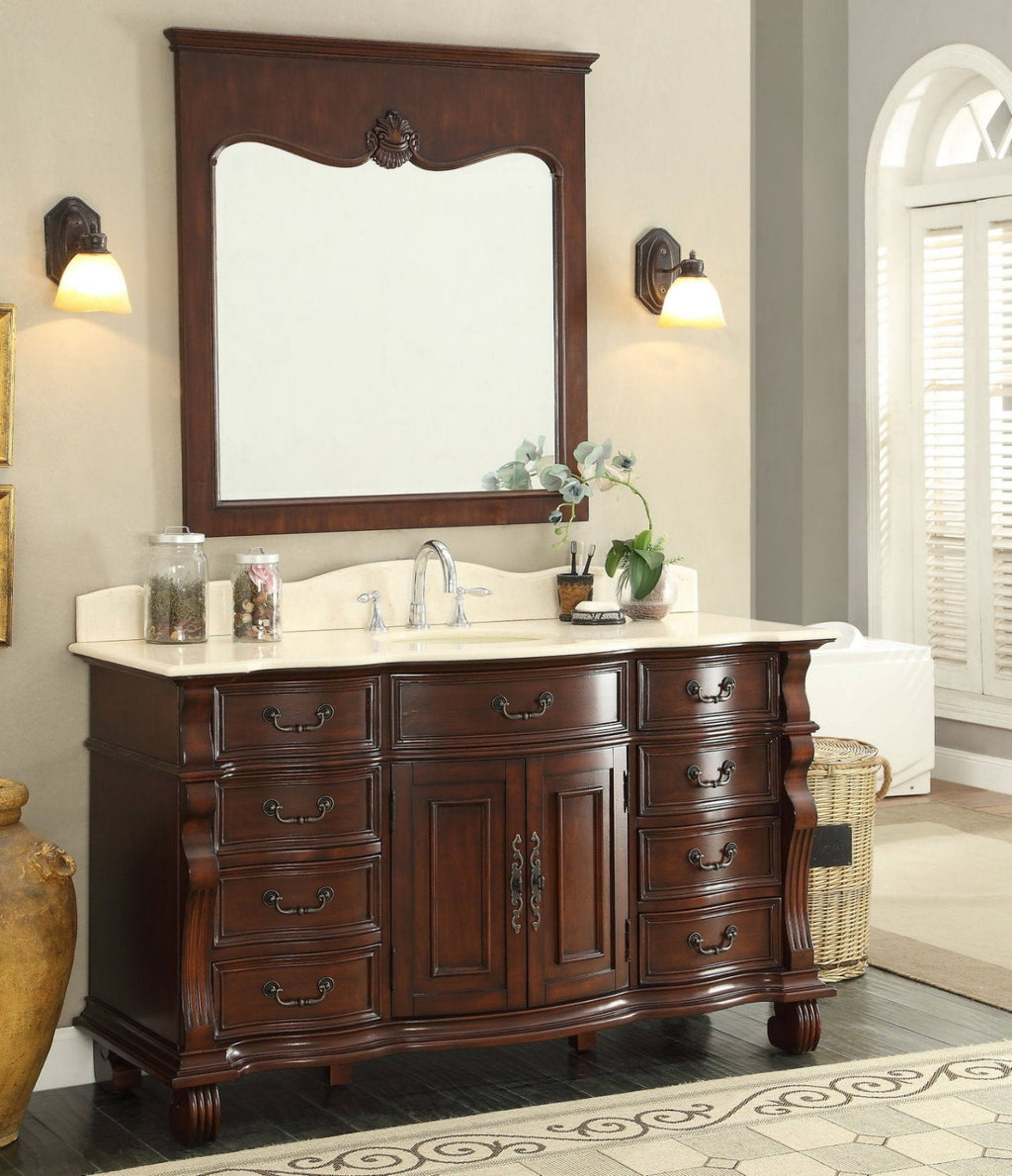 60 inch Antique Style Cherry Wood Hopkinton Bathroom Sink Vanity Creama Mafil Stone Top