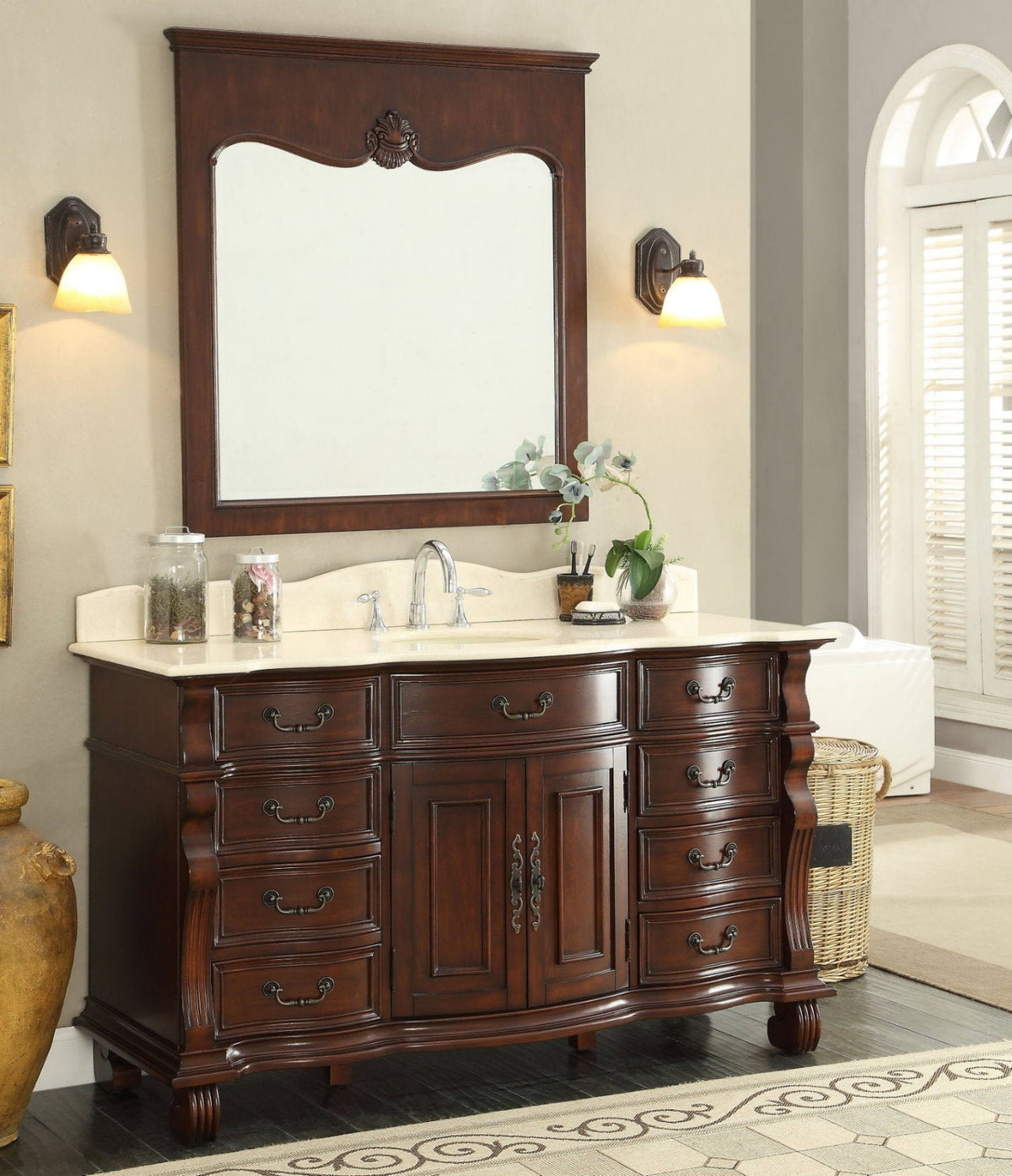60 inch Antique Style Cherry Wood Hopkinton Bathroom Sink Vanity Creama Mafil Stone Top