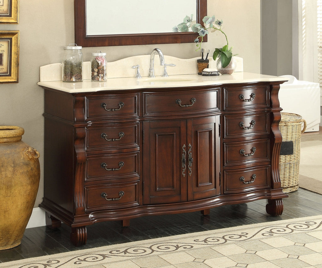 60 inch Antique Style Cherry Wood Hopkinton Bathroom Sink Vanity Creama Mafil Stone Top