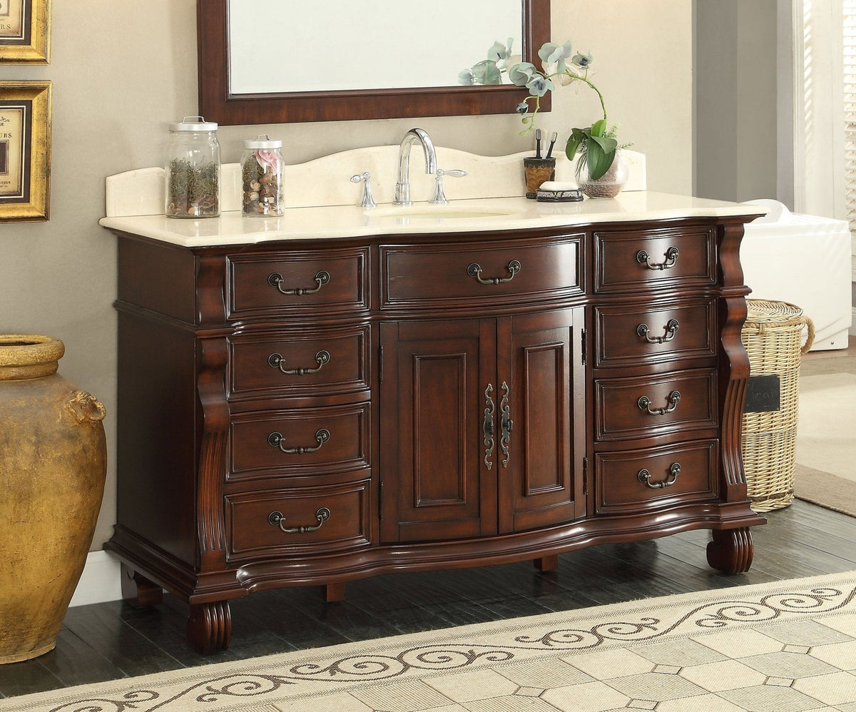 60 inch Antique Style Cherry Wood Hopkinton Bathroom Sink Vanity Creama Mafil Stone Top