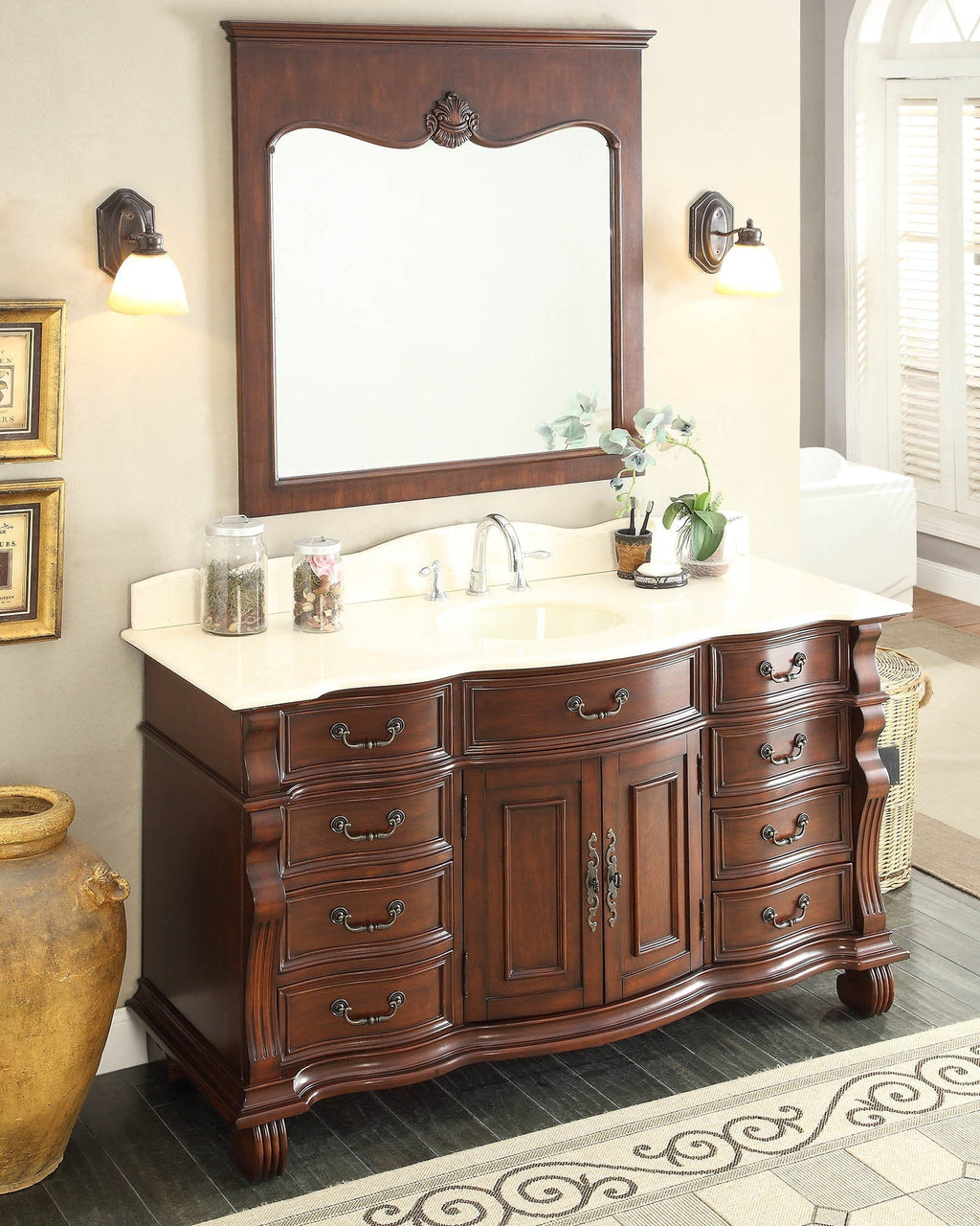 60 inch Antique Style Cherry Wood Hopkinton Bathroom Sink Vanity Creama Mafil Stone Top