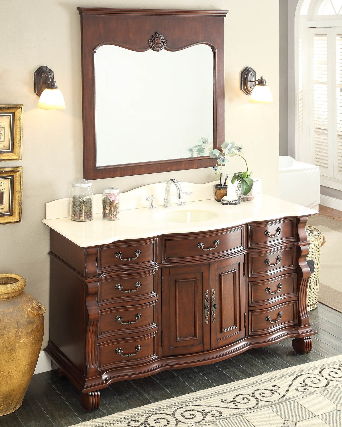 60 inch Antique Style Cherry Wood Hopkinton Bathroom Sink Vanity Creama Mafil Stone Top