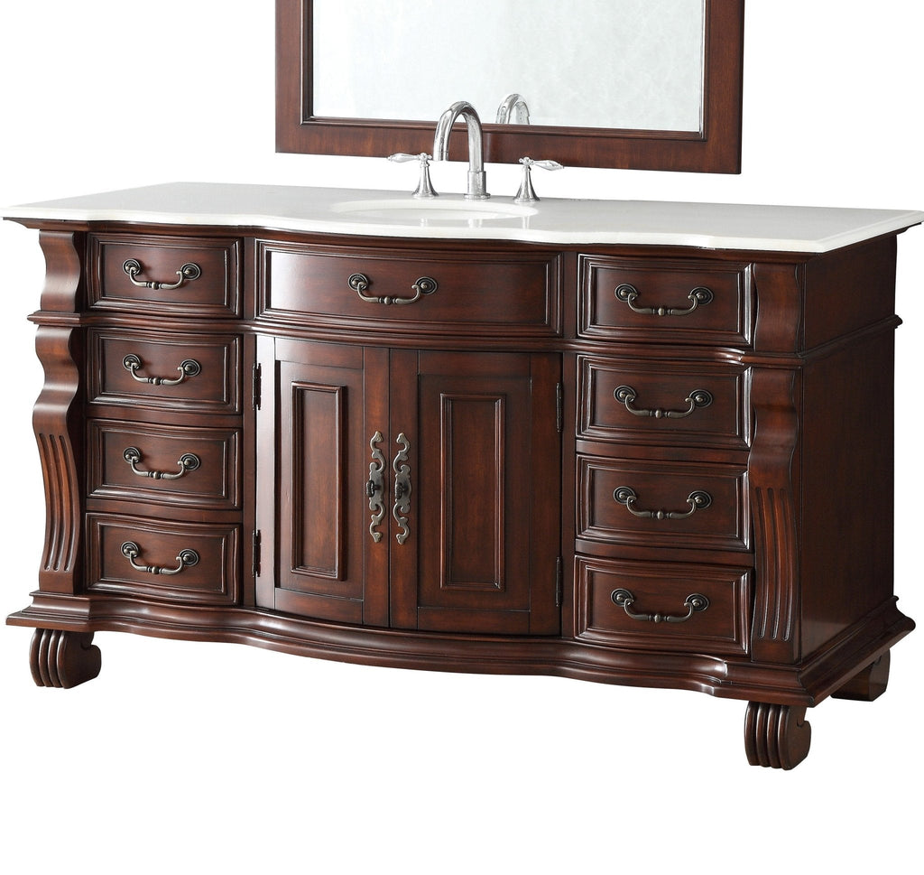 60 inch Antique Style Cherry Wood Hopkinton Bathroom Sink Vanity White Marble Top
