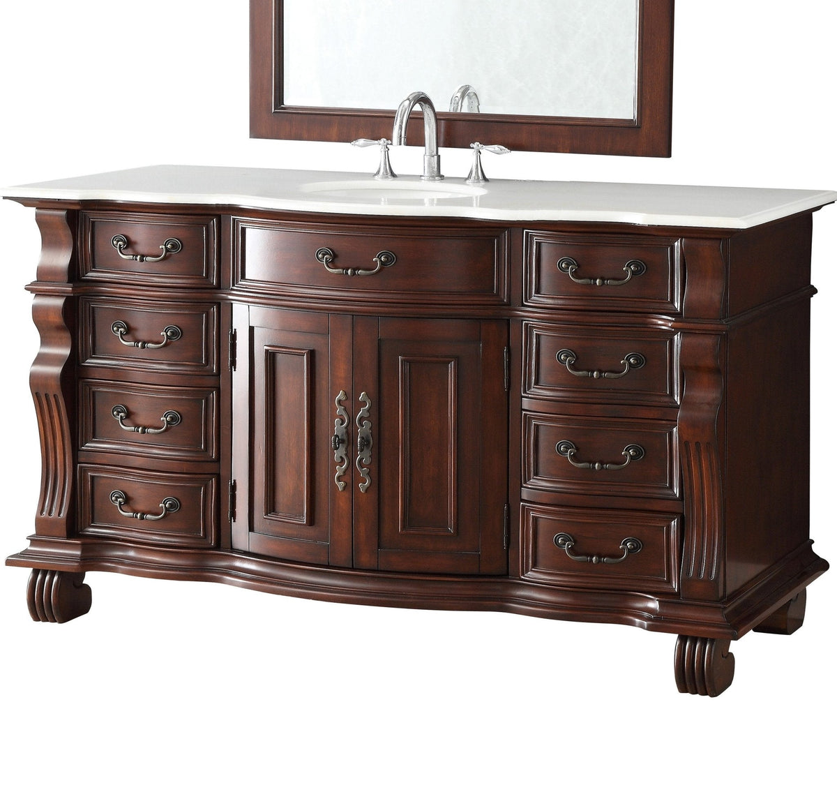 60 inch Antique Style Cherry Wood Hopkinton Bathroom Sink Vanity White Marble Top