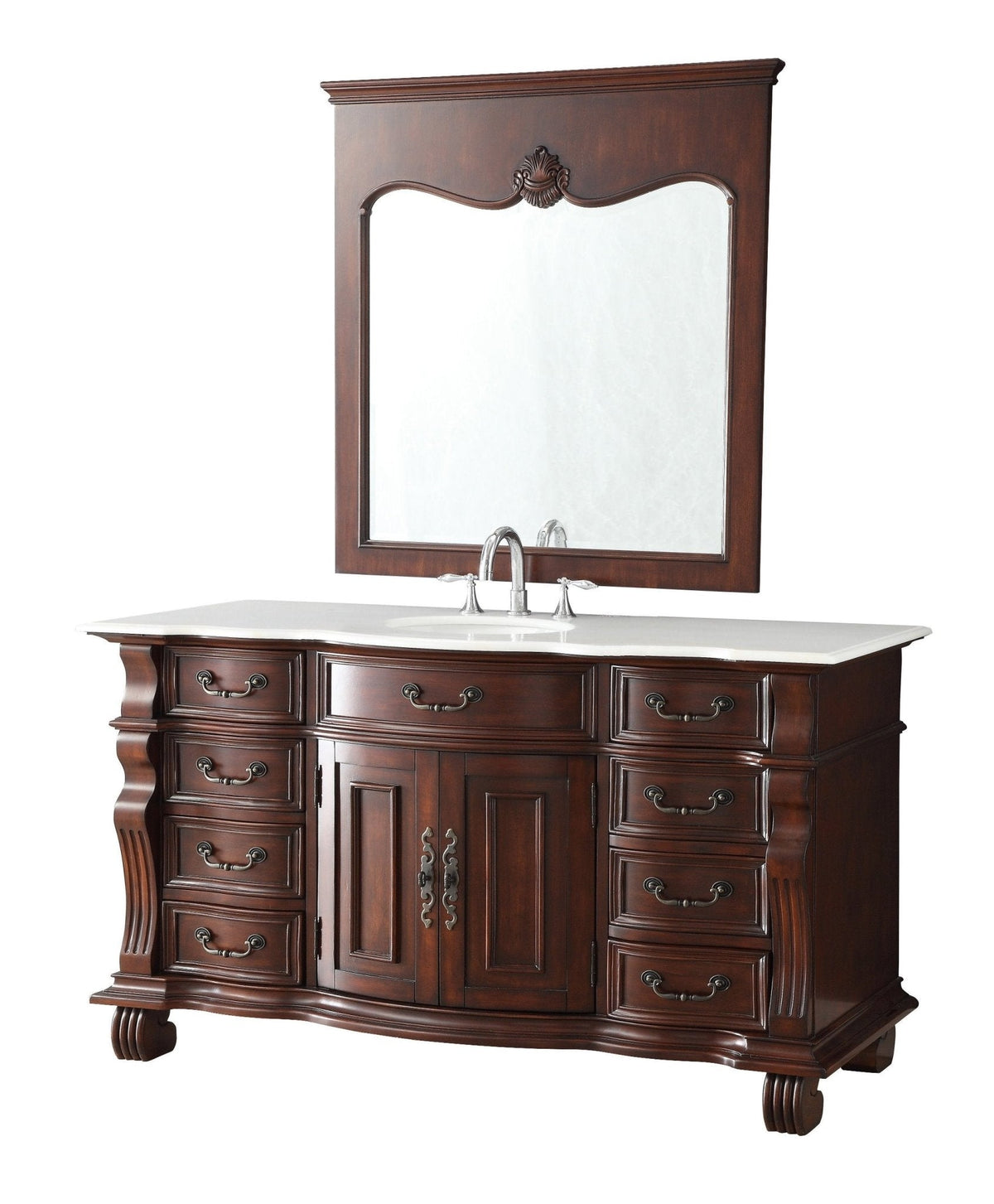 60 inch Antique Style Cherry Wood Hopkinton Bathroom Sink Vanity White Marble Top