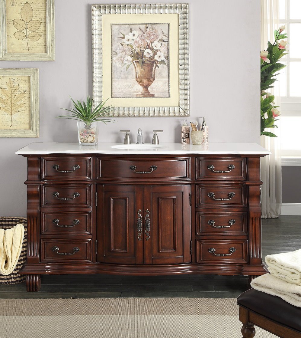 60 inch Antique Style Cherry Wood Hopkinton Bathroom Sink Vanity White Marble Top