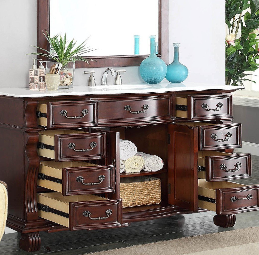 60 inch Antique Style Cherry Wood Hopkinton Bathroom Sink Vanity White Marble Top