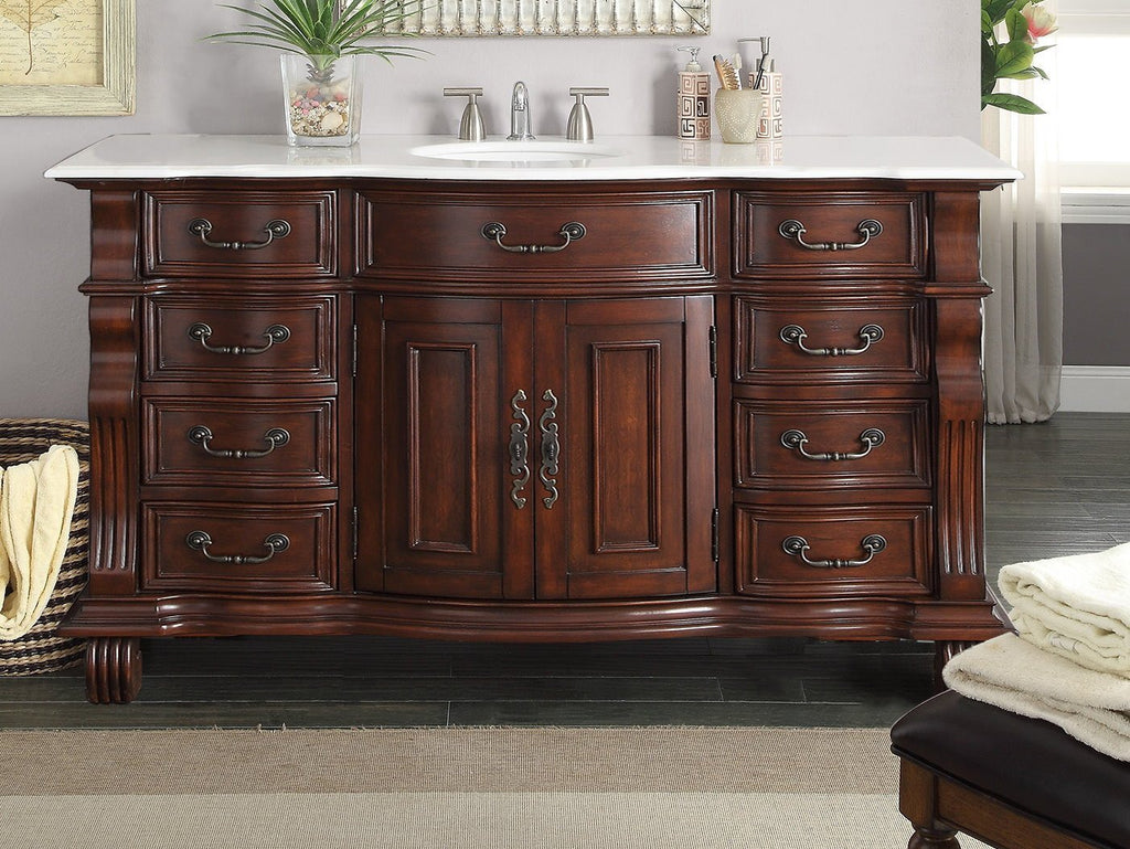 60 inch Antique Style Cherry Wood Hopkinton Bathroom Sink Vanity White Marble Top