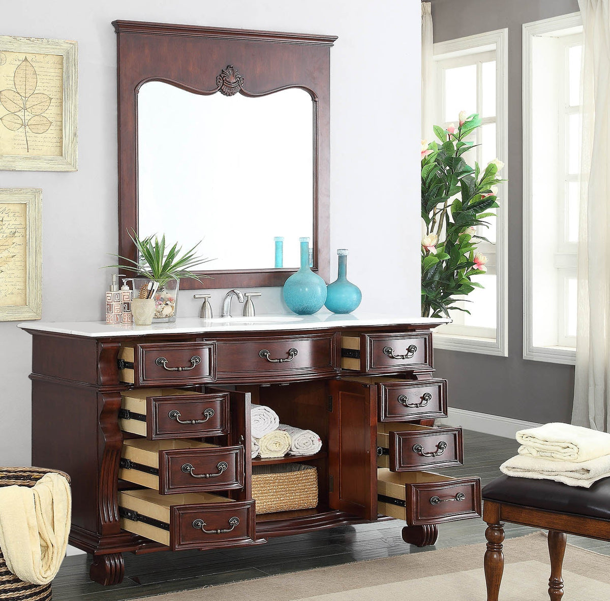 60 inch Antique Style Cherry Wood Hopkinton Bathroom Sink Vanity White Marble Top