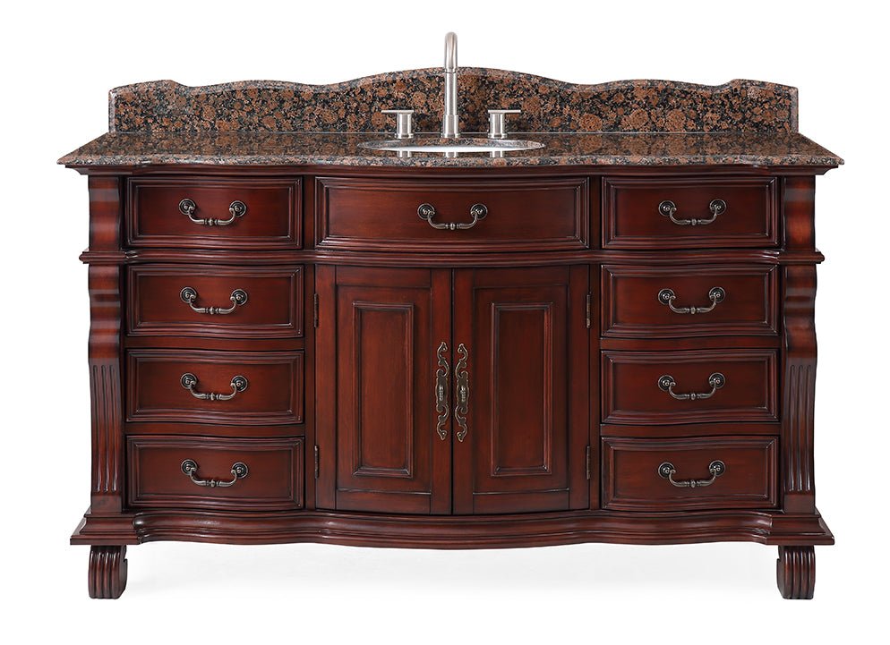 60 inch Antique Style Cherry Wood Hopkinton Bathroom Sink Vanity With Baltic Brown Top