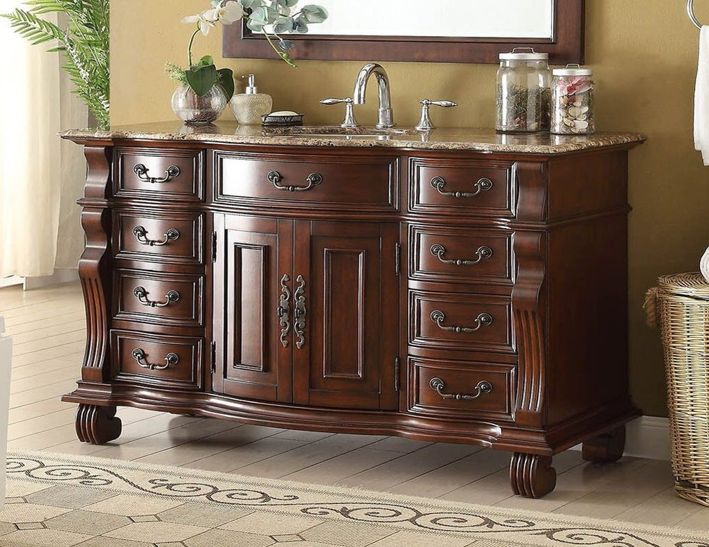 60 inch Antique Style Cherry Wood Hopkinton Bathroom Sink Vanity With Baltic Brown Top