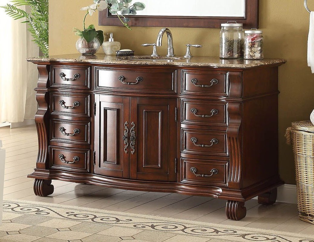 60 inch Antique Style Cherry Wood Hopkinton Bathroom Sink Vanity With Baltic Brown Top