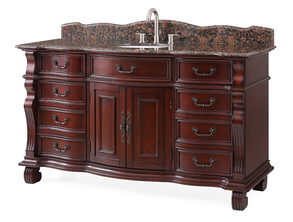 60 inch Antique Style Cherry Wood Hopkinton Bathroom Sink Vanity With Baltic Brown Top