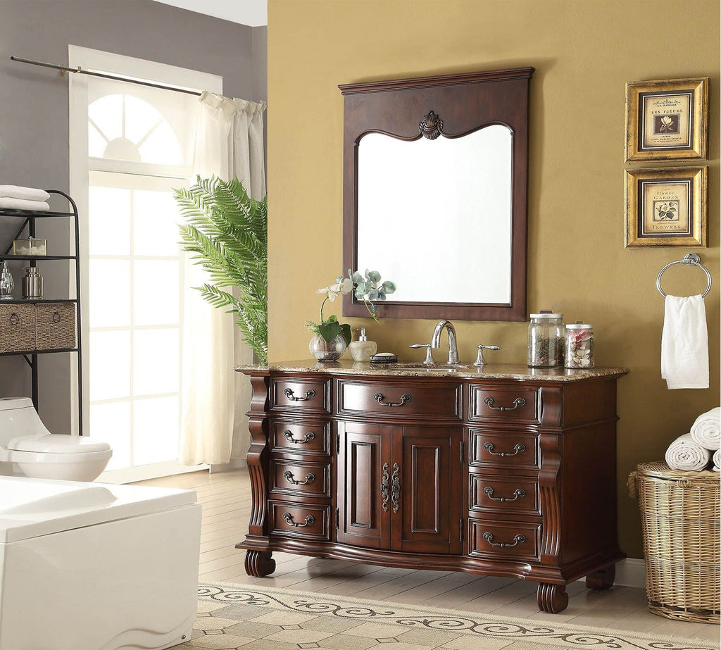 60 inch Antique Style Cherry Wood Hopkinton Bathroom Sink Vanity With Baltic Brown Top