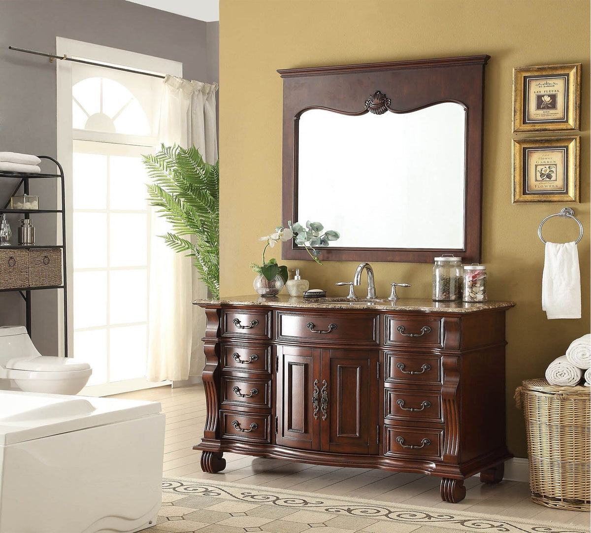 60 inch Antique Style Cherry Wood Hopkinton Bathroom Sink Vanity With Baltic Brown Top