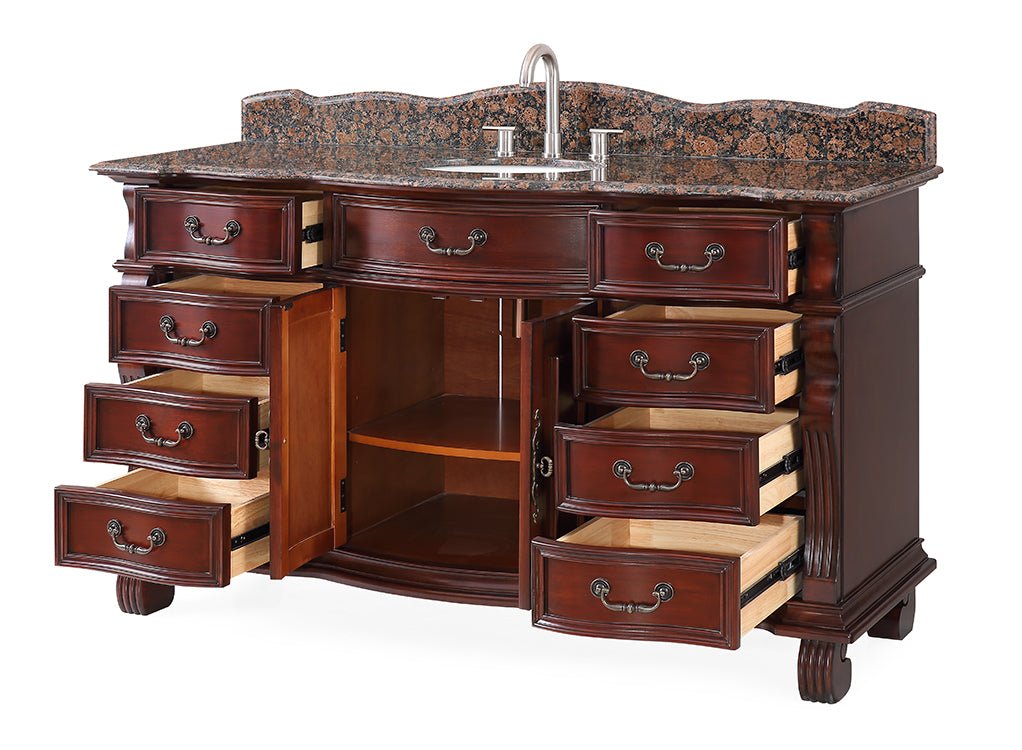 60 inch Antique Style Cherry Wood Hopkinton Bathroom Sink Vanity With Baltic Brown Top