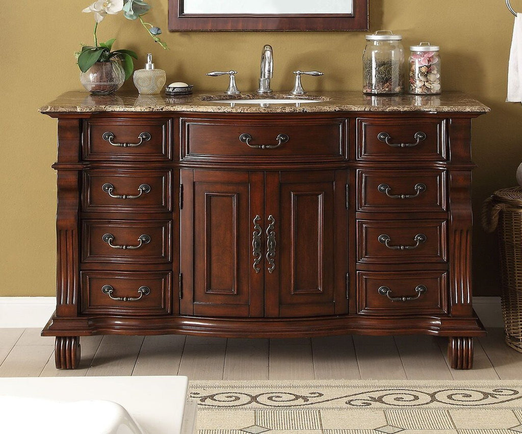 60 inch Antique Style Cherry Wood Hopkinton Bathroom Sink Vanity With Baltic Brown Top