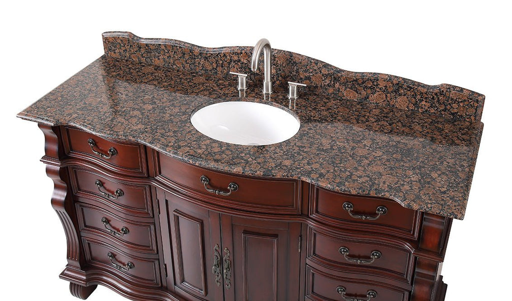 60 inch Antique Style Cherry Wood Hopkinton Bathroom Sink Vanity With Baltic Brown Top